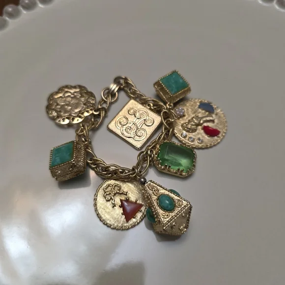Vintage Gold-Tone Charm Bracelet with Green and Multicolor Gem Accents - Picture 3 of 14